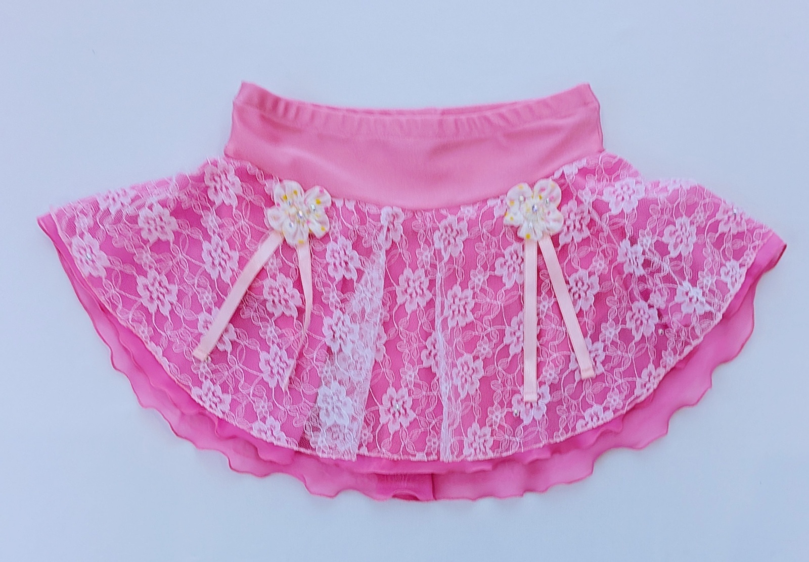 画像1: チュールレースとジョーゼットの2段スカート リボン（ピンク系)